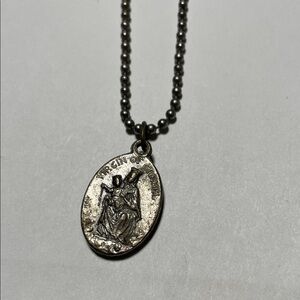 Silver-Tone Oval “Virgin of Carmel” Mary and Jesus Religious Medal Necklace